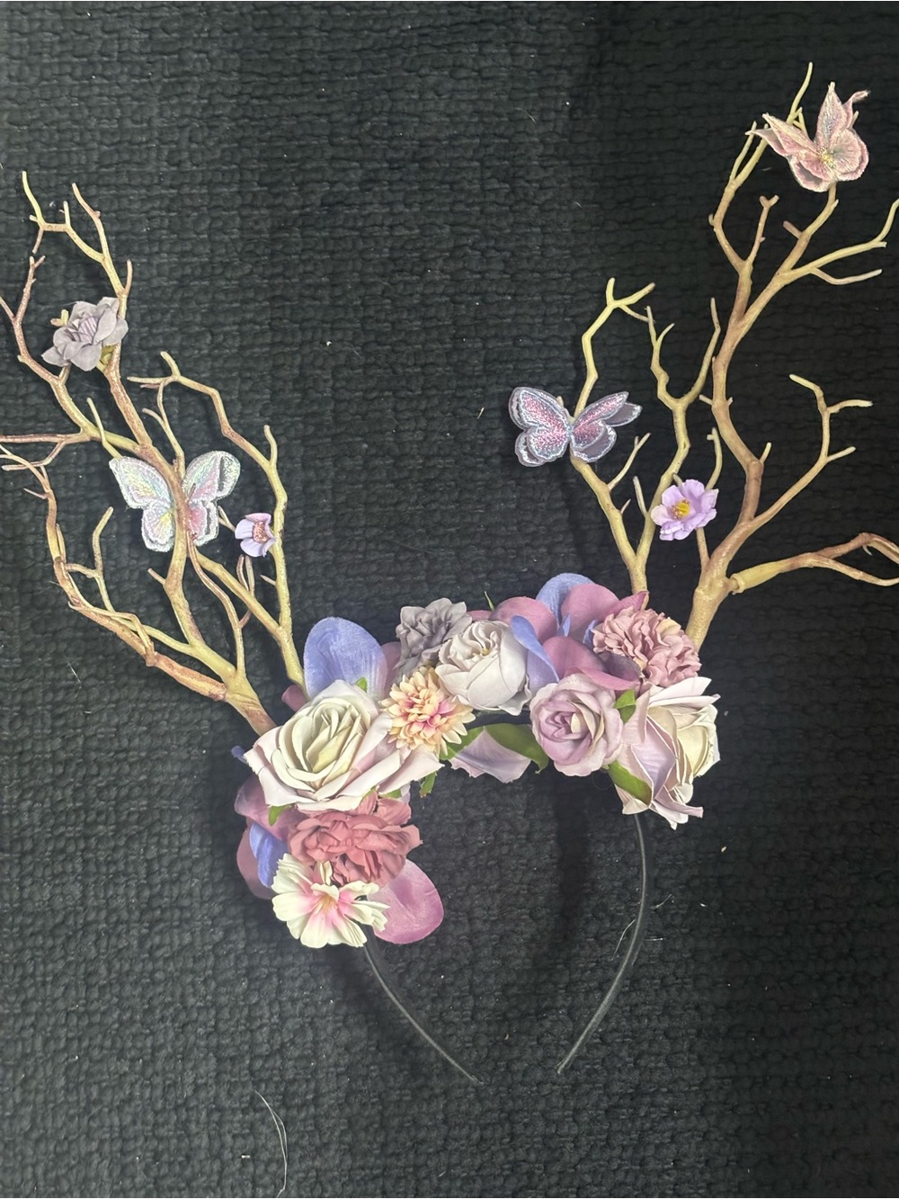 Floral Butterfly Antler Headband in Pastel Pink and Lavender